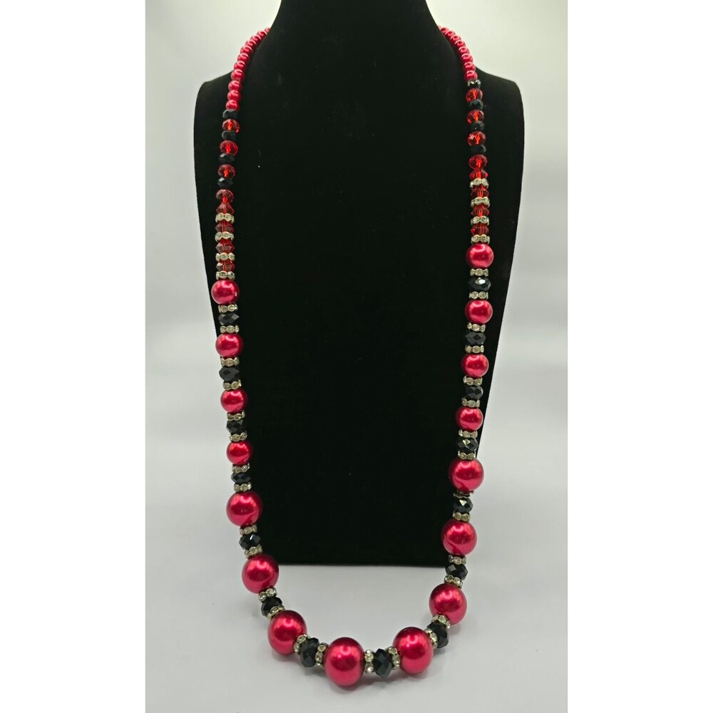 Vintage Style Red Faux Pearl Black Crystal Beaded Opera Necklace Rhinestone 28"